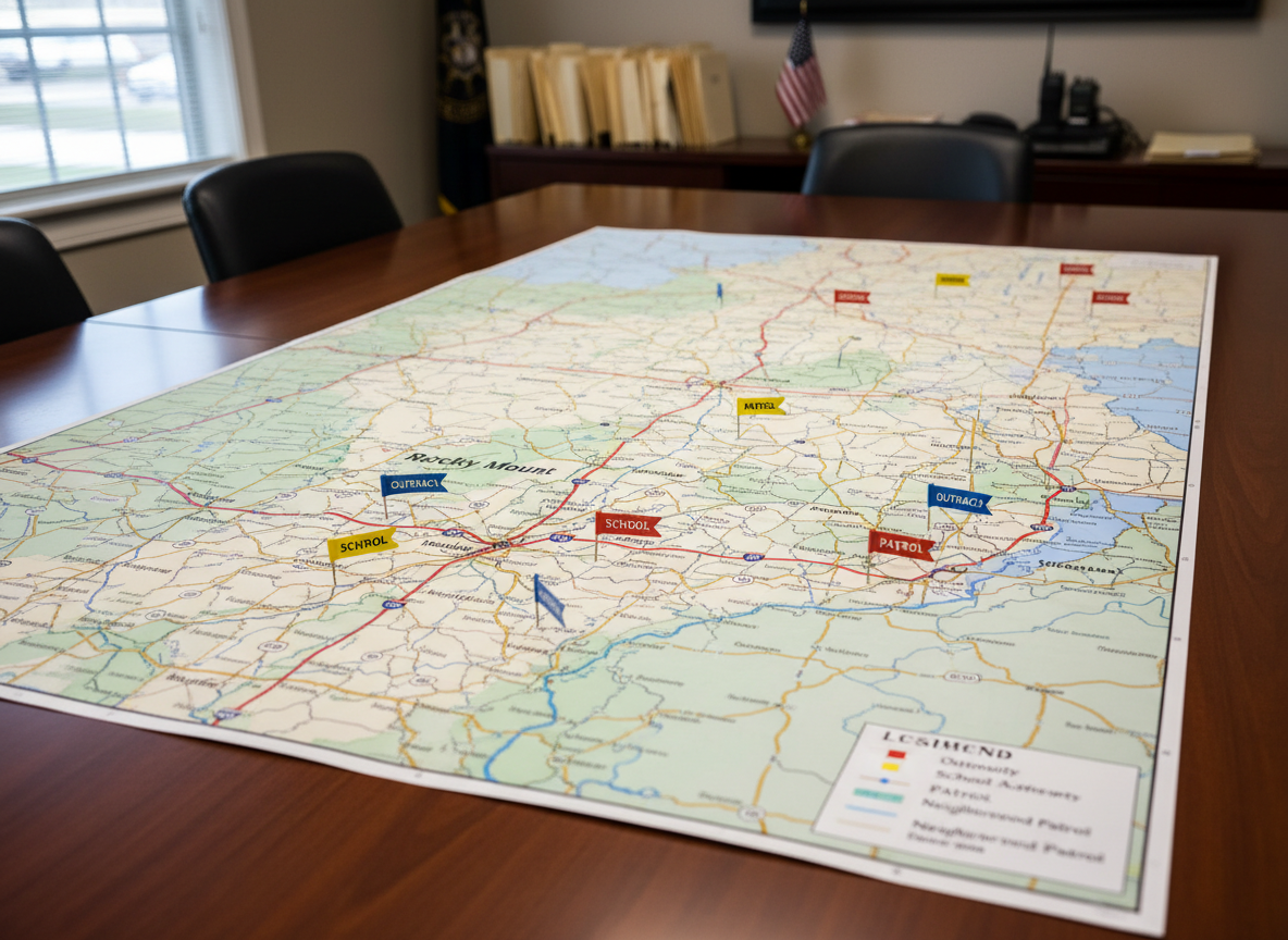 A detailed county map of Nash County, North Carolina, spread neatly across a large wooden conference table, with clearly marked town names, highways, rural roads, and shaded community areas. Color-coded pins and small adhesive flags indicate zones for community outreach, school safety programs, and neighborhood patrols, with a labeled legend in the corner. Soft overhead office lighting and gentle window light combine to create even, neutral illumination, reducing glare on the map’s matte surface. A blurred background of organized file folders, a small American flag on a stand, and a radio on a shelf suggests a strategic sheriff’s office. Photographic realism, shot from a slightly elevated angle, with a calm, methodical, and community-focused atmosphere.